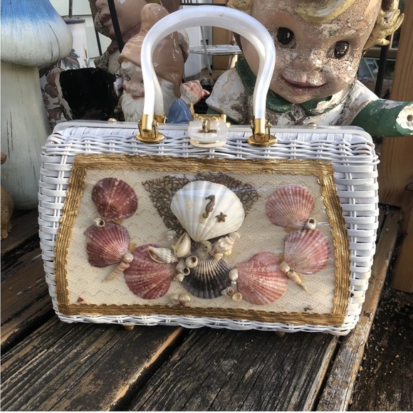 Vintage Handbags - Princess Charming Atlas SeaShell Seahorse Beach Wicker Purse Bag Vintage 50s 60s